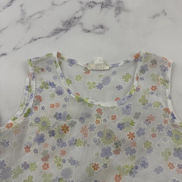 Finesse Womens Vintage Y2k Babydoll Top Size L White Purple Floral Sheer - Picture 2 of 11